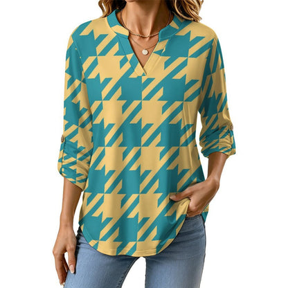 Versatile Notched V-Neck Tunic | Roll Tab 3/4 Sleeve Office Casual Top  Tartan Dresses Are Retro