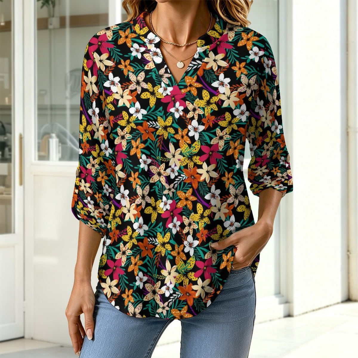 Flower  Versatile Notched V-Neck Tunic | Roll Tab 3/4 Sleeve Office Casual Top