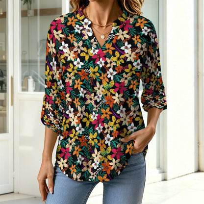 Flower  Versatile Notched V-Neck Tunic | Roll Tab 3/4 Sleeve Office Casual Top