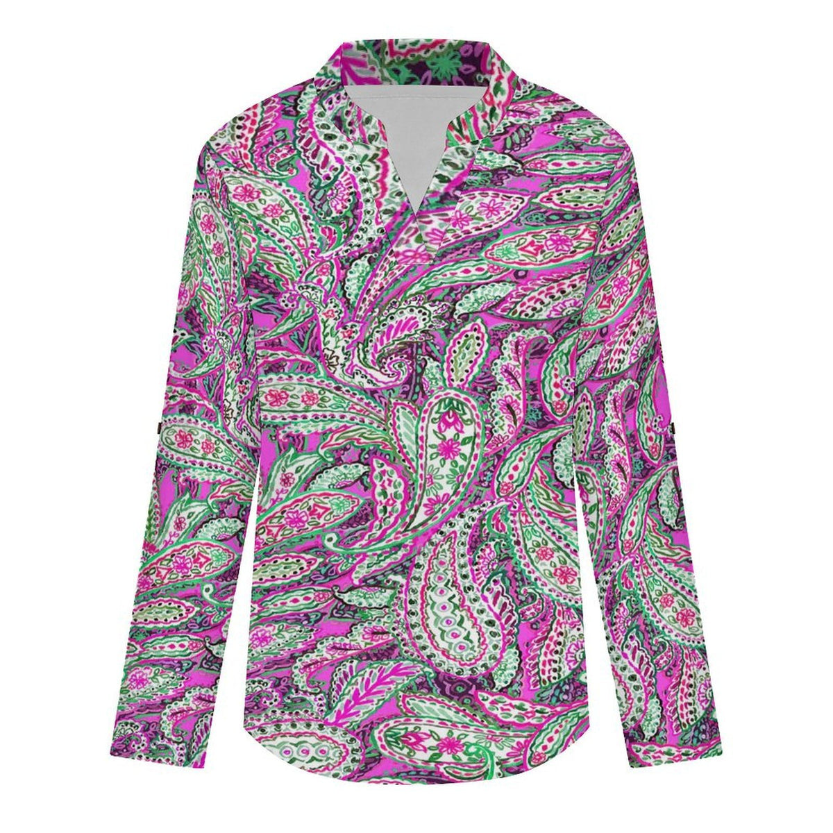 Women Curved Hem V Neck Roll Sleeve Casual Work Top  Paisley