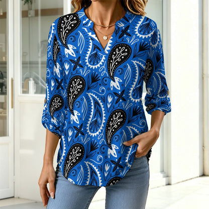Paisley  Versatile Notched V-Neck Tunic | Roll Tab 3/4 Sleeve Office Casual Top