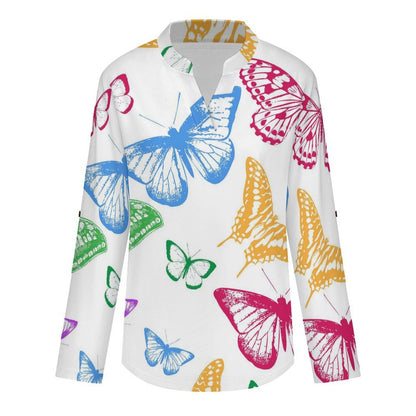 Versatile Notched V-Neck Tunic | Roll Tab 3/4 Sleeve Office Casual Top  Colorful Butterflies
