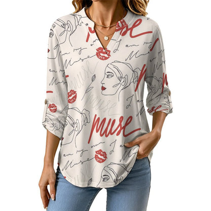 Stand-up Collar Long-sleeved Shirt Women, Roses,muse white S Women’s V-Neck Blouses