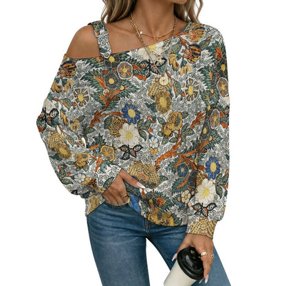 Women’s Off-Shoulder Knit Sweater Vintage Patterns, Flowers