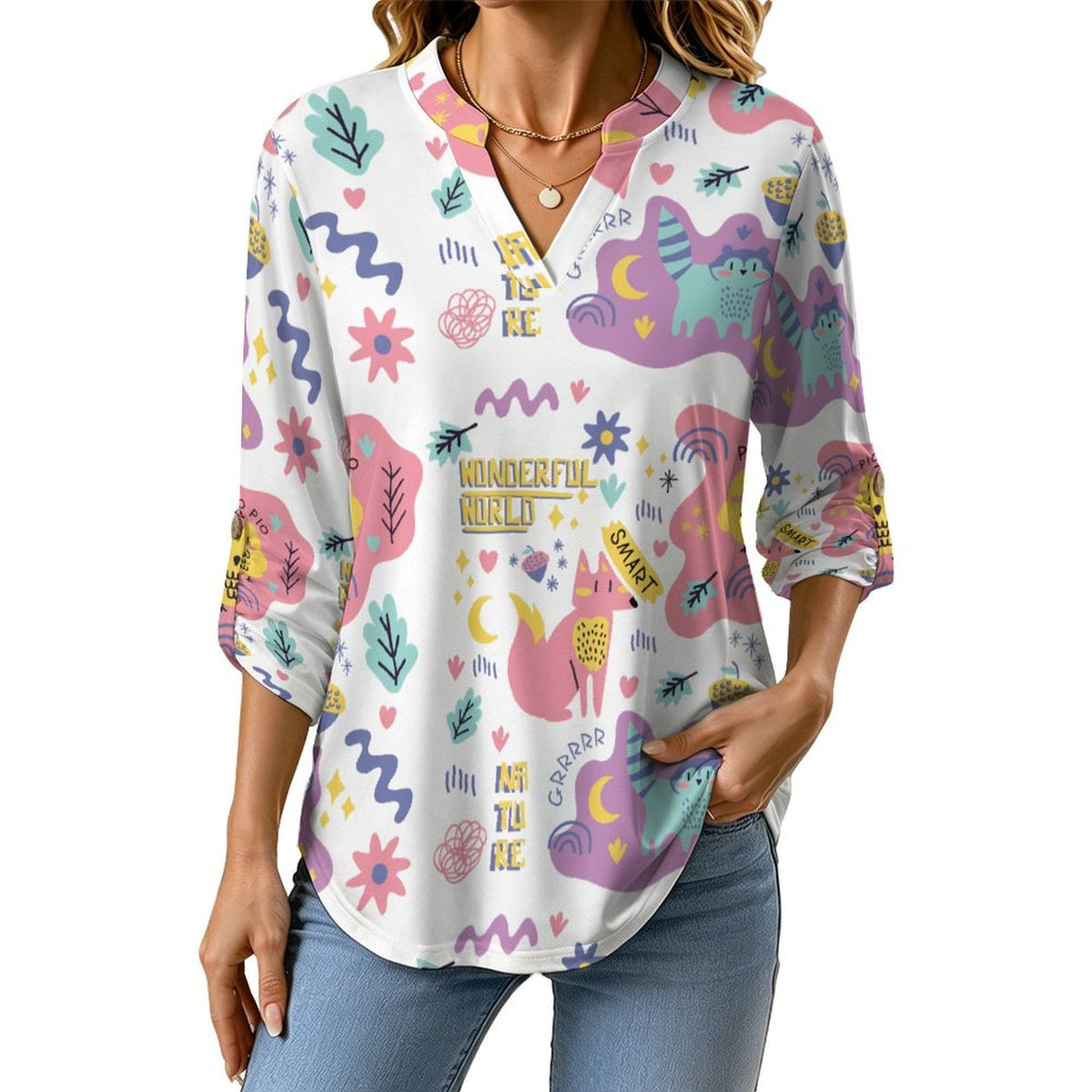 Autumn Cartoon Animal Plant Forest Repeat Pattern Children  Versatile Notched V-Neck Tunic | Roll Tab 3/4 Sleeve Office Casual Top
