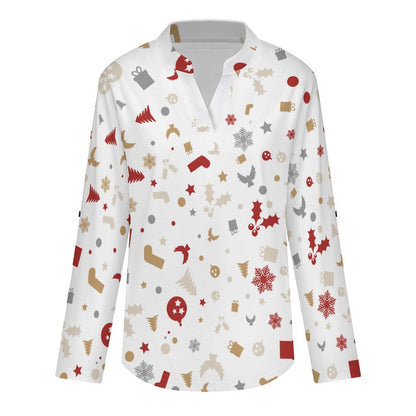 Women's Notched V Neck Tunic Tops, Roll Up 3/4 Sleeve Button Cuff Casual Blouse, Hem Loose Work Shirts  Christmas-tile-repeat-red-white-yellow-gray-snowflake-Christmas Tree