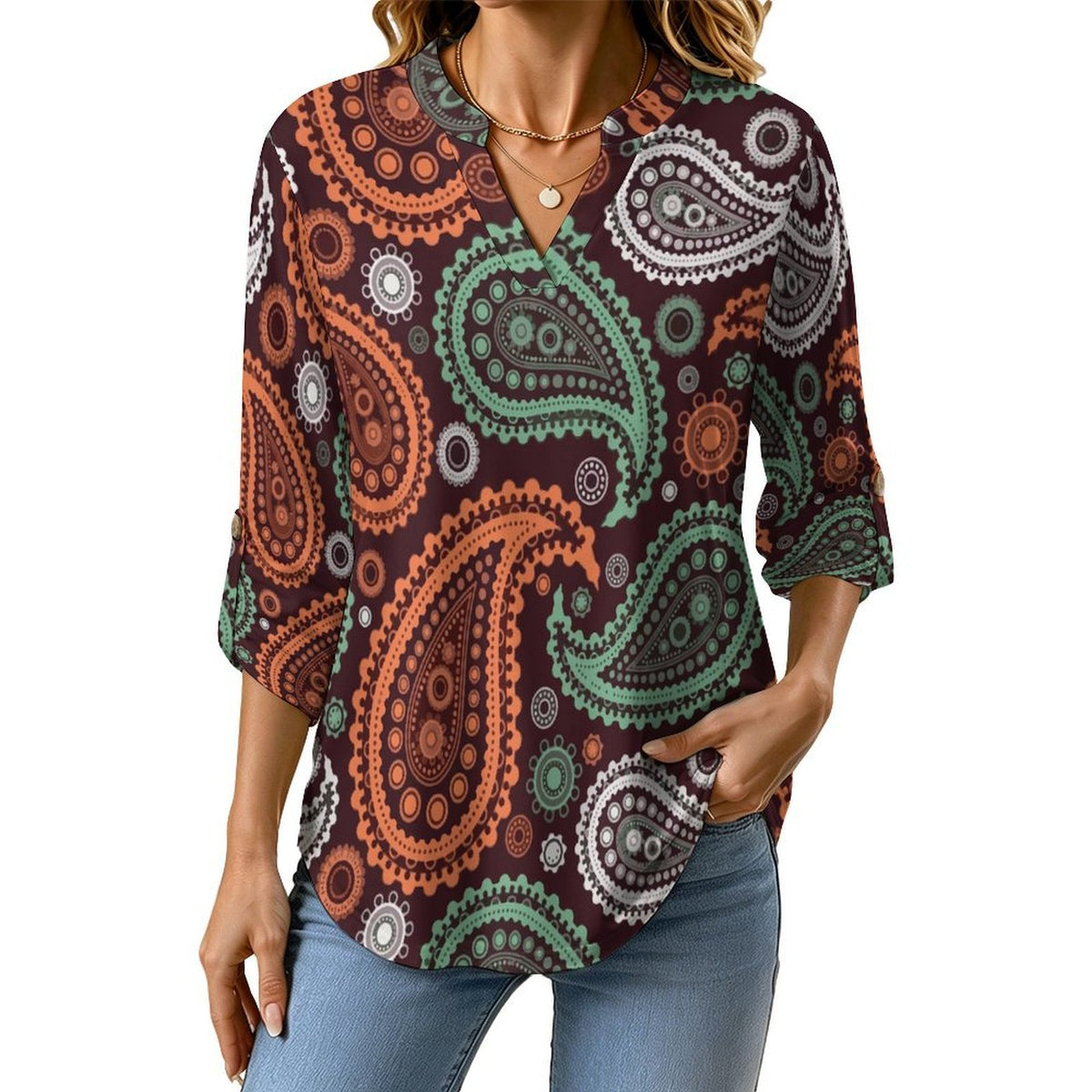 Paisley  Versatile Notched V-Neck Tunic | Roll Tab 3/4 Sleeve Office Casual Top