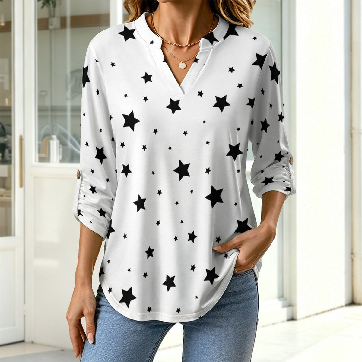 Star Pattern  Versatile Notched V-Neck Tunic | Roll Tab 3/4 Sleeve Office Casual Top