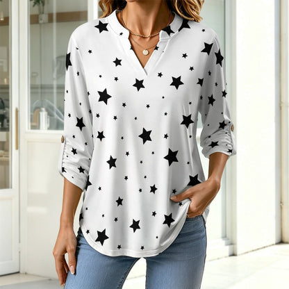 Star Pattern  Versatile Notched V-Neck Tunic | Roll Tab 3/4 Sleeve Office Casual Top