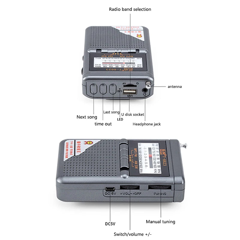 Full Band Radio FM AM SW World Band Mini Radio with LED Display Buckle Support TF Card Headphone Jack Universal Radio Receiver
