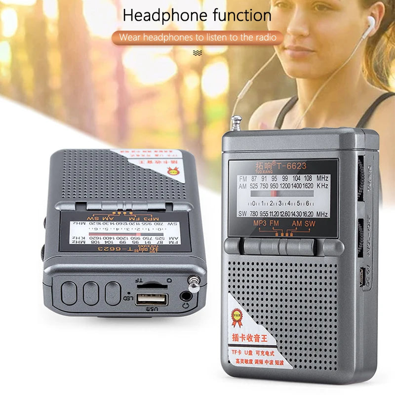 Full Band Radio FM AM SW World Band Mini Radio with LED Display Buckle Support TF Card Headphone Jack Universal Radio Receiver