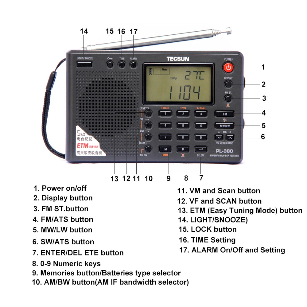 Tecsun PL380/XHDATA D109  DSP professional Radio FM/LW/SW/MW Digital Portable Full Band Stereo Good Sound Quality Receiver