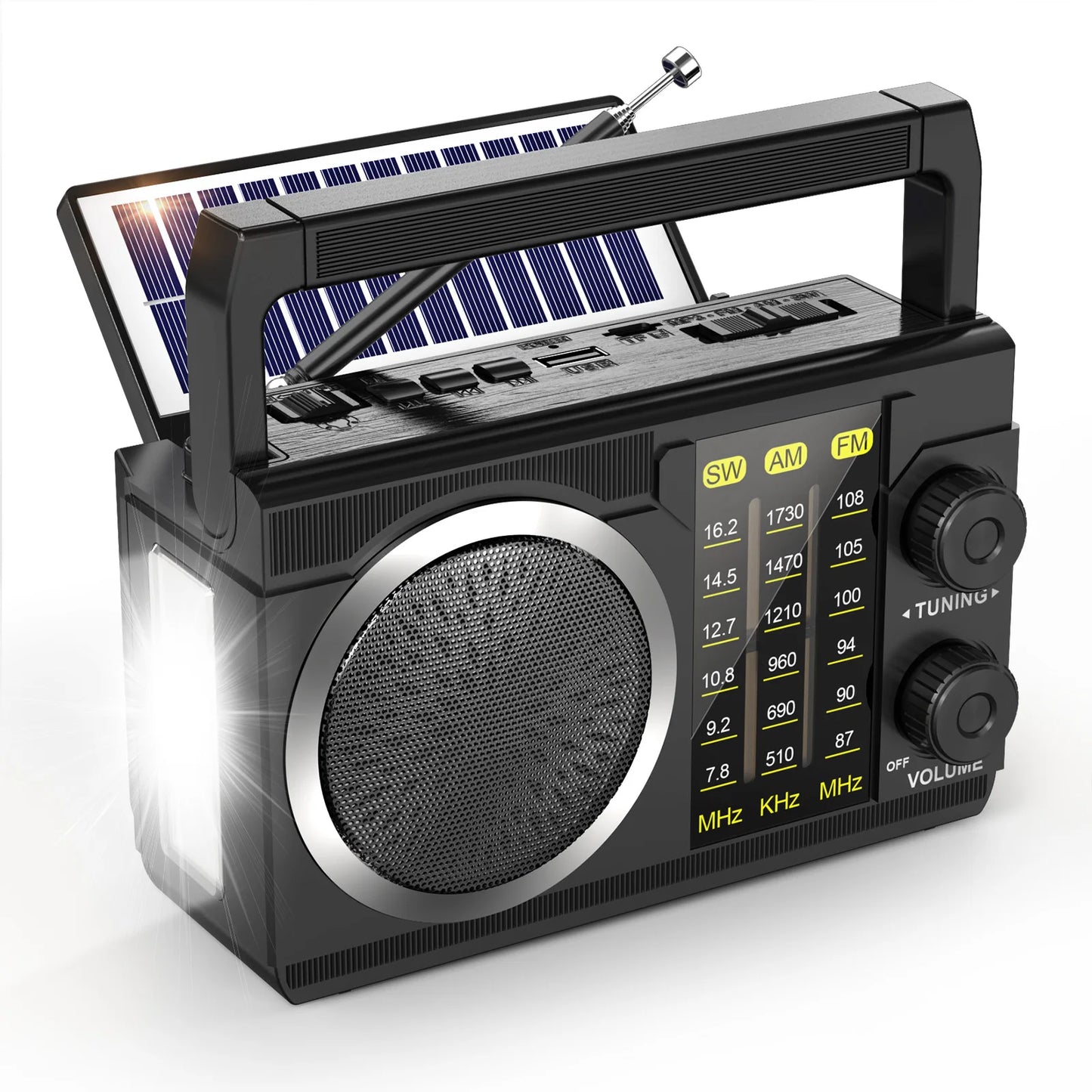 J-02S AM FM SW Radio Dual-Antenna Portable Reception,Solar 1800mAh rechargeable Battery Bluethooth music player for outdoor