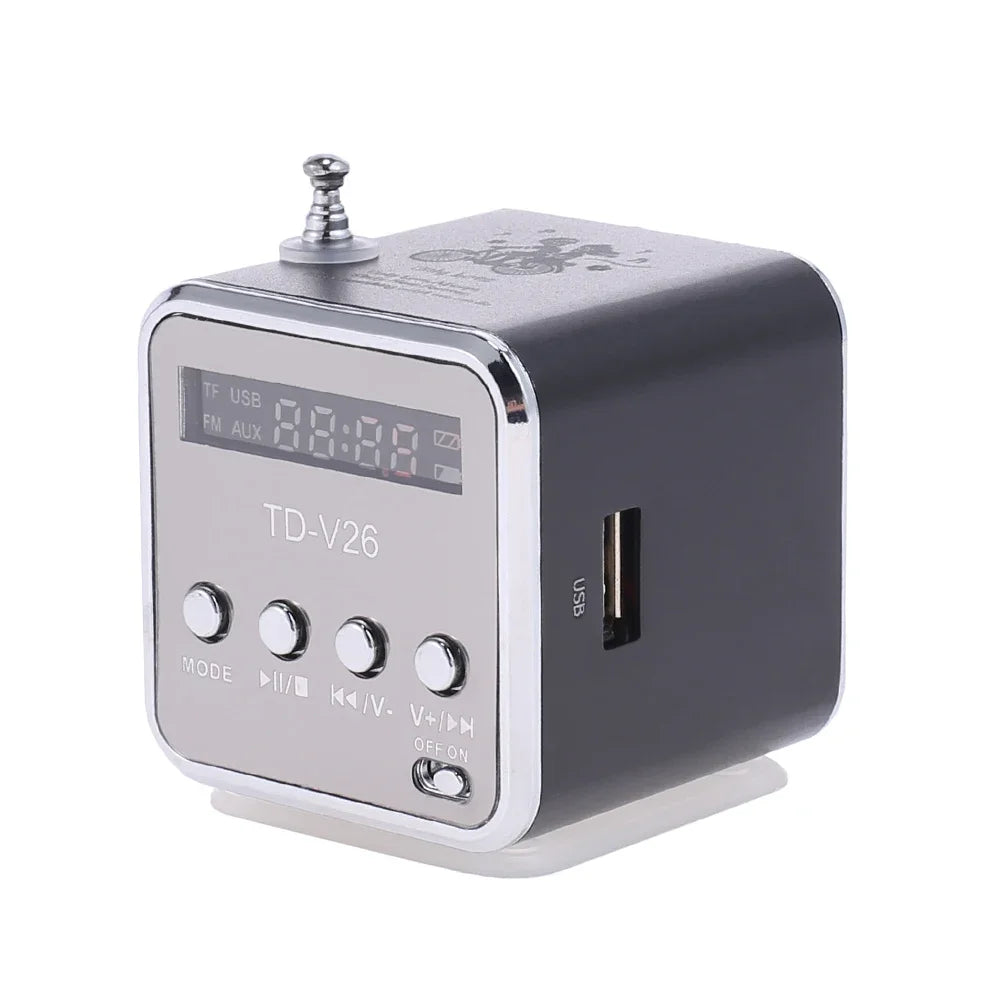 Portable TD-V26 Mini FM Radio Speaker with LCD Display and TF Card Support Compact Lightweight Design