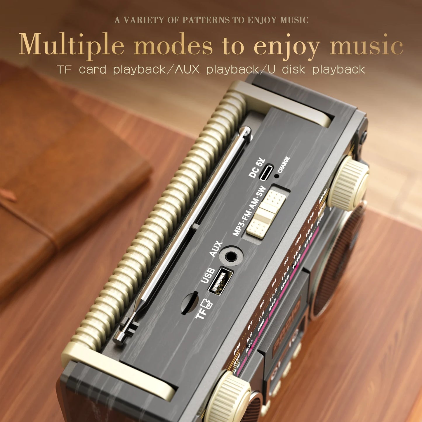 Retro multifunctional portable radio USB charging TF card player and AUX,AM/FM/SW bands,, suitable for family gatherings and out