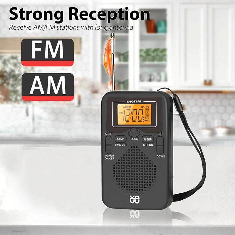 Portable Radio Mini AM FM Weather Radio Pocket Radio Player LCD Screen Digital Alarm Clock Radio Long Range Best Reception