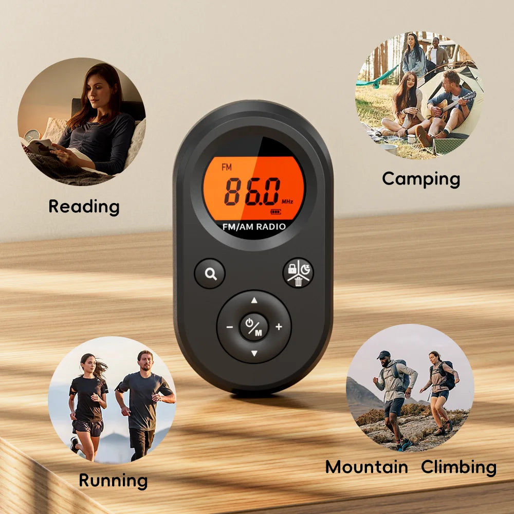 Compact AM/FM Pocket Radio - USB Rechargeable, Long Battery Life - Stereo Headphones, Backlit Display -Hiking, Walking & Jogging