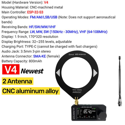 AMNVOLT V4/V3S ATS MINI SI4732 Radio ALL Band DSP Radio FM AM SSB LSB USB Receiver, built-in Hi-Z Headphone Amplifier Circuit