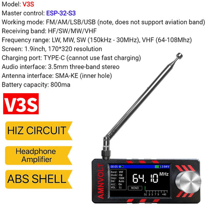 AMNVOLT V4/V3S ATS MINI SI4732 Radio ALL Band DSP Radio FM AM SSB LSB USB Receiver, built-in Hi-Z Headphone Amplifier Circuit