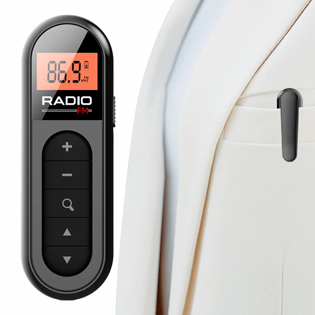 Mini Pocket FM Radio Rechargeable Lavalier Radio with Backlight LCD Display Stereo Radio 3.5mm Headphone Jack for Meeting Sports