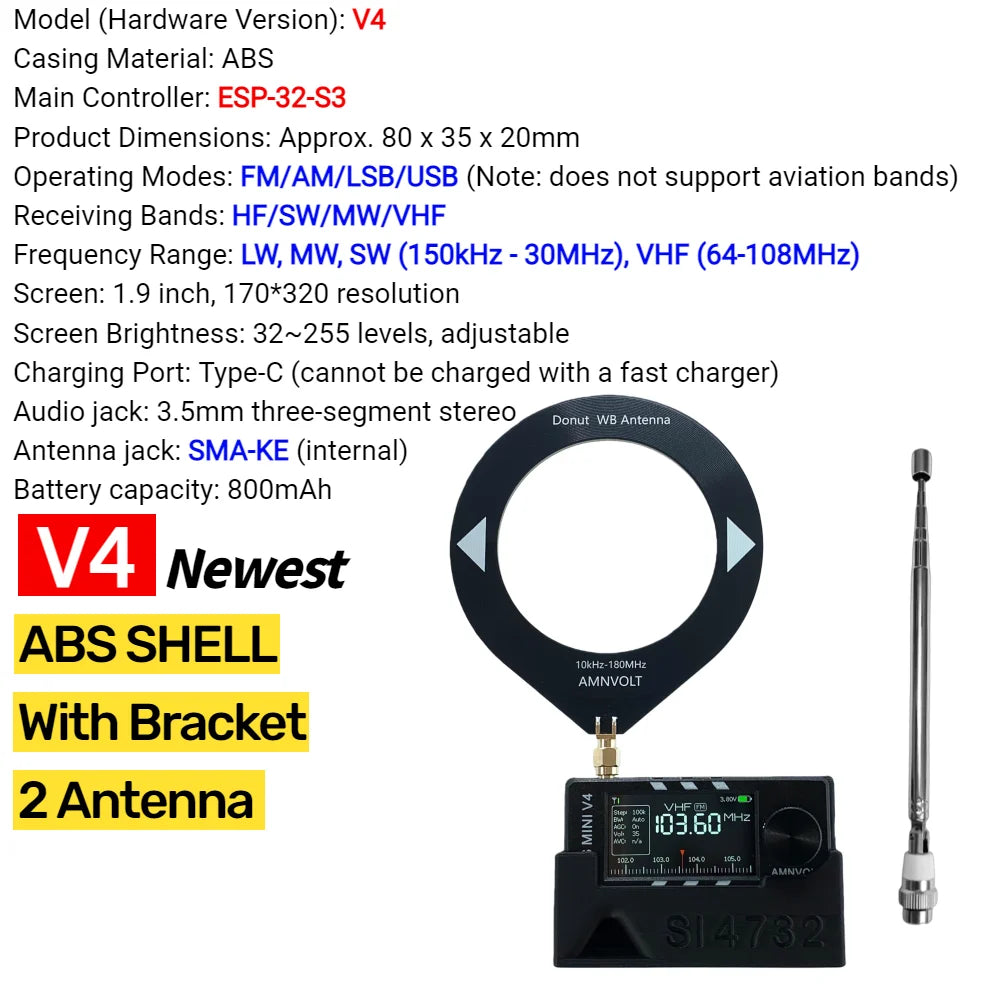 AMNVOLT V4/V3S ATS MINI SI4732 Radio ALL Band DSP Radio FM AM SSB LSB USB Receiver, built-in Hi-Z Headphone Amplifier Circuit