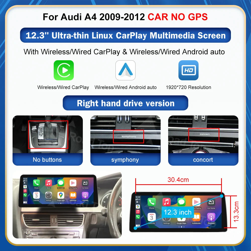 8.9 Inch 12.3'' Touch Display Multimedia Player Andriod Auto Link For Audi A4 S4 B8 2008-2016 GPS Carplay Screen Car Play
