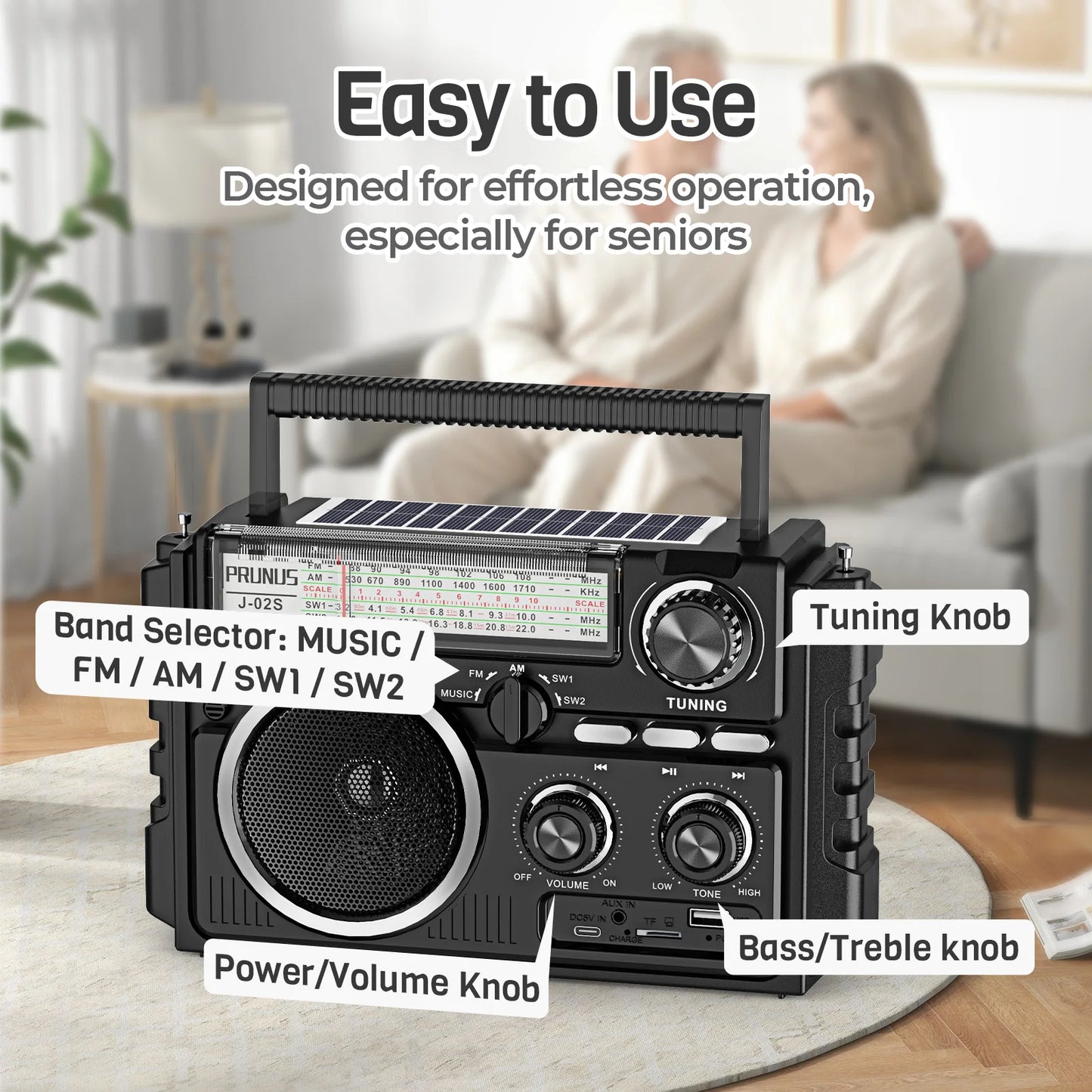 J-02S AM FM SW Radio Dual-Antenna Portable Reception,Solar 1800mAh rechargeable Battery Bluethooth music player for outdoor