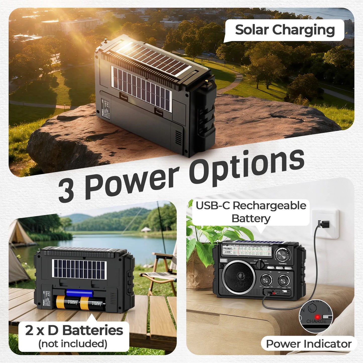 J-02S AM FM SW Radio Dual-Antenna Portable Reception,Solar 1800mAh rechargeable Battery Bluethooth music player for outdoor