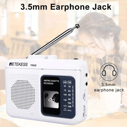 Retekess TR606 Radio FM AM Radio Cassette Playback Portable Radios FM AM Recording 3.5mm Earphone MIC Jack 2 Power Supply Method