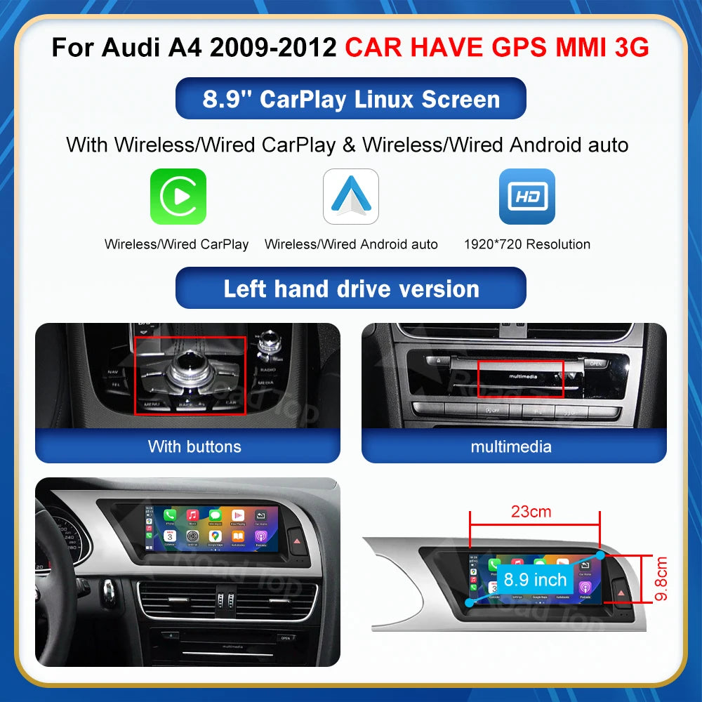 8.9 Inch 12.3'' Touch Display Multimedia Player Andriod Auto Link For Audi A4 S4 B8 2008-2016 GPS Carplay Screen Car Play