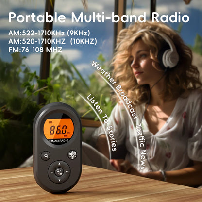 Compact AM/FM Pocket Radio - USB Rechargeable, Long Battery Life - Stereo Headphones, Backlit Display -Hiking, Walking & Jogging