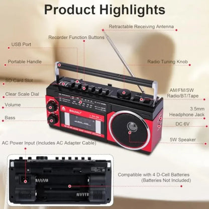 Portable Cassette Player with AM/FM/SW Radio and BT, Boombox for Home and Travel, Record from Radio, Play via SD/USB, Headphone
