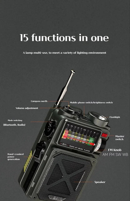 Full Band Radio Outdoor Portable Solar Rechargeable Radio Multifunction Emergency Bluetooth Speaker Hand-cranked Power FM Radio