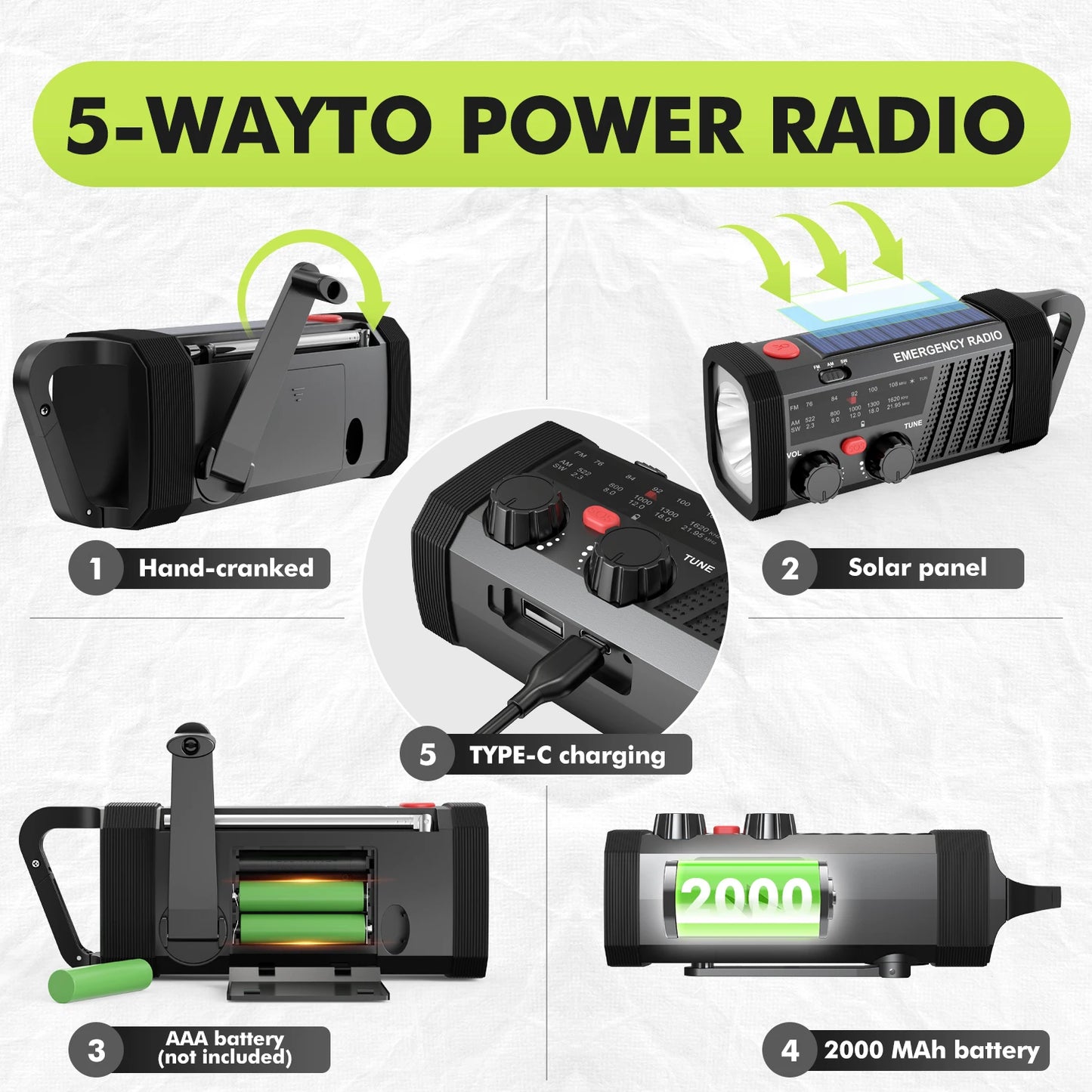 Emergency Radio with SOS Alarm, AM/FM/SW & Flashlight. 2000mAh Battery & Solar/Hand Crank Charging for Outdoor Survival.