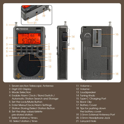 RETEKESS TR110 Fullband Radio SSB Shortwave Radios AM FM All Waves CB AIR Band Ham Radio NOAA SW MW LSB VHF UHF for Outdoor