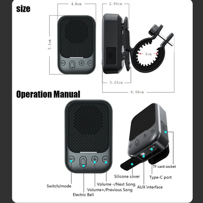 Mini Bike Wireless Speaker Bluetooth 5.4 Portable FM Radio IPX7 Waterproof Shockproof Oudtoor Collar-clip Speaker TF Card Play