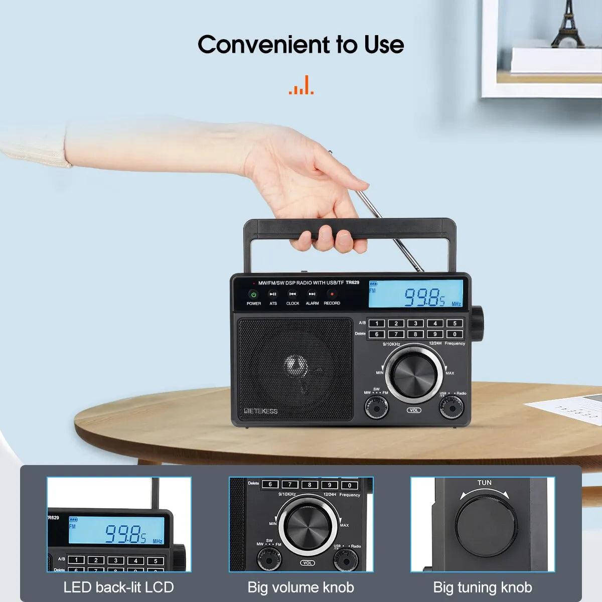 Retekess TR629 AM FM SW DSP Portable Digital Radio Backlight LCD Display Loud Volume Speaker Recorder Clock Home Elder