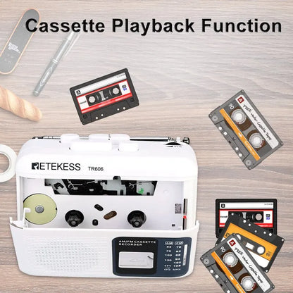 Retekess TR606 Radio FM AM Radio Cassette Playback Portable Radios FM AM Recording 3.5mm Earphone MIC Jack 2 Power Supply Method