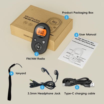 Compact AM/FM Pocket Radio - USB Rechargeable, Long Battery Life - Stereo Headphones, Backlit Display -Hiking, Walking & Jogging