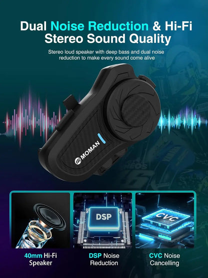 Moman H2PRO Motorcycle Helmet Headset Waterproof Moto Headphone with FM Radio Music Share LED Display For Rider