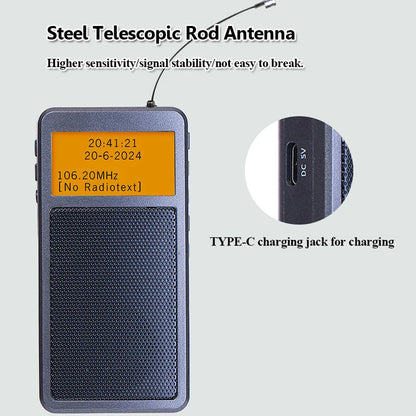 Mini Portable Bluetooth Radio Pocket DSP FM Stereo Radios Wireless Bluetooth Speaker with Alarm Clock Backlight Screen Rechargea