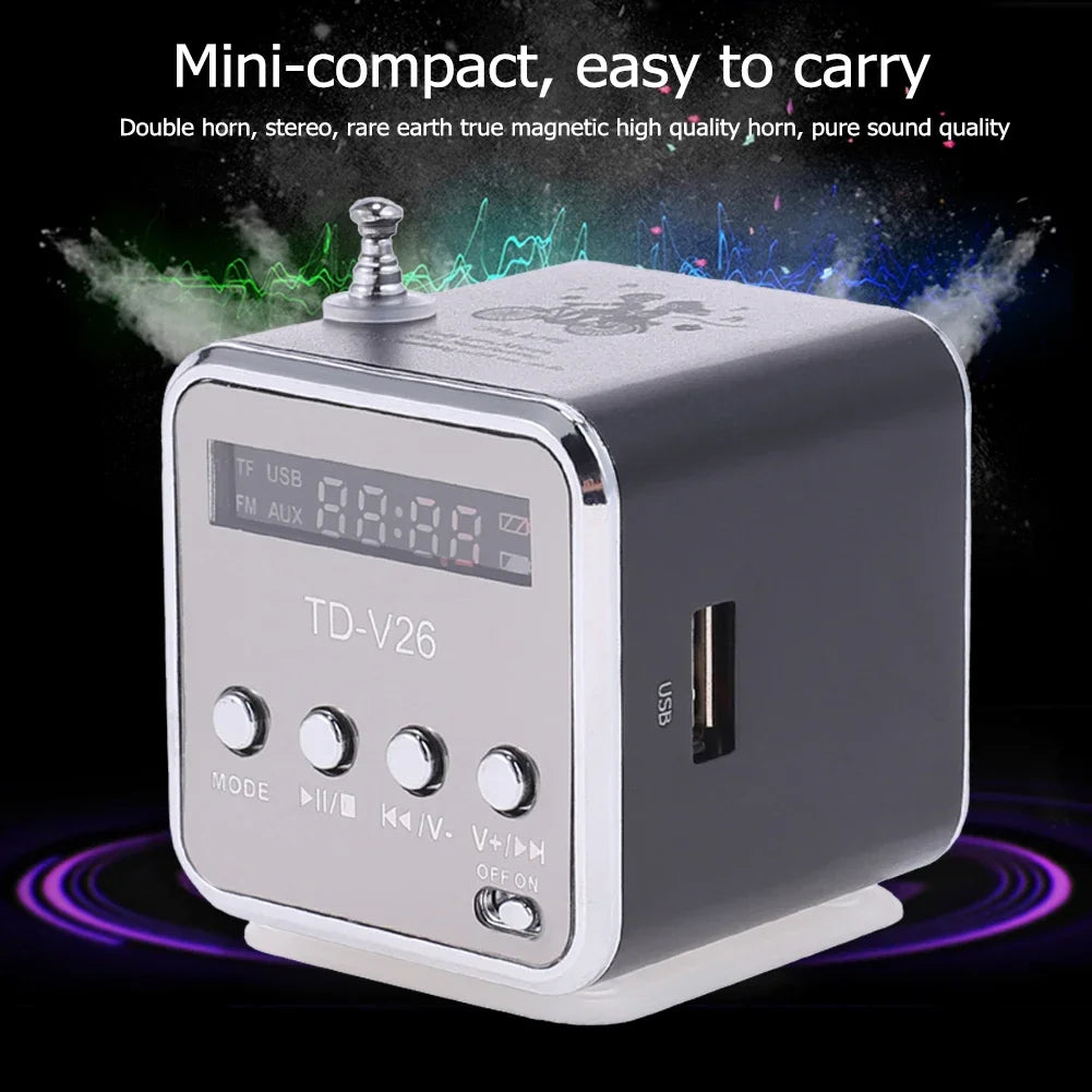 Portable TD-V26 Mini FM Radio Speaker with LCD Display and TF Card Support Compact Lightweight Design