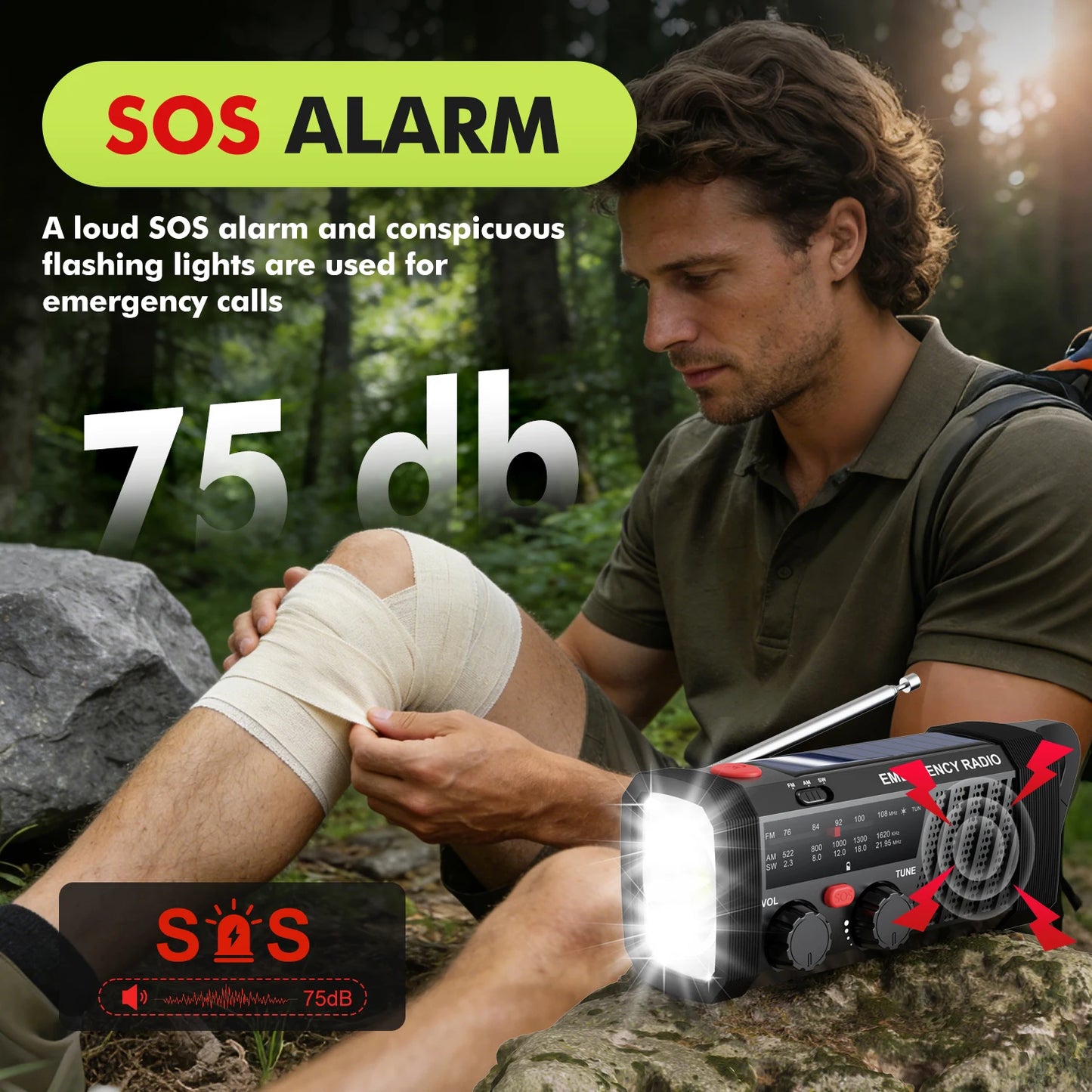 Emergency Radio with SOS Alarm, AM/FM/SW & Flashlight. 2000mAh Battery & Solar/Hand Crank Charging for Outdoor Survival.