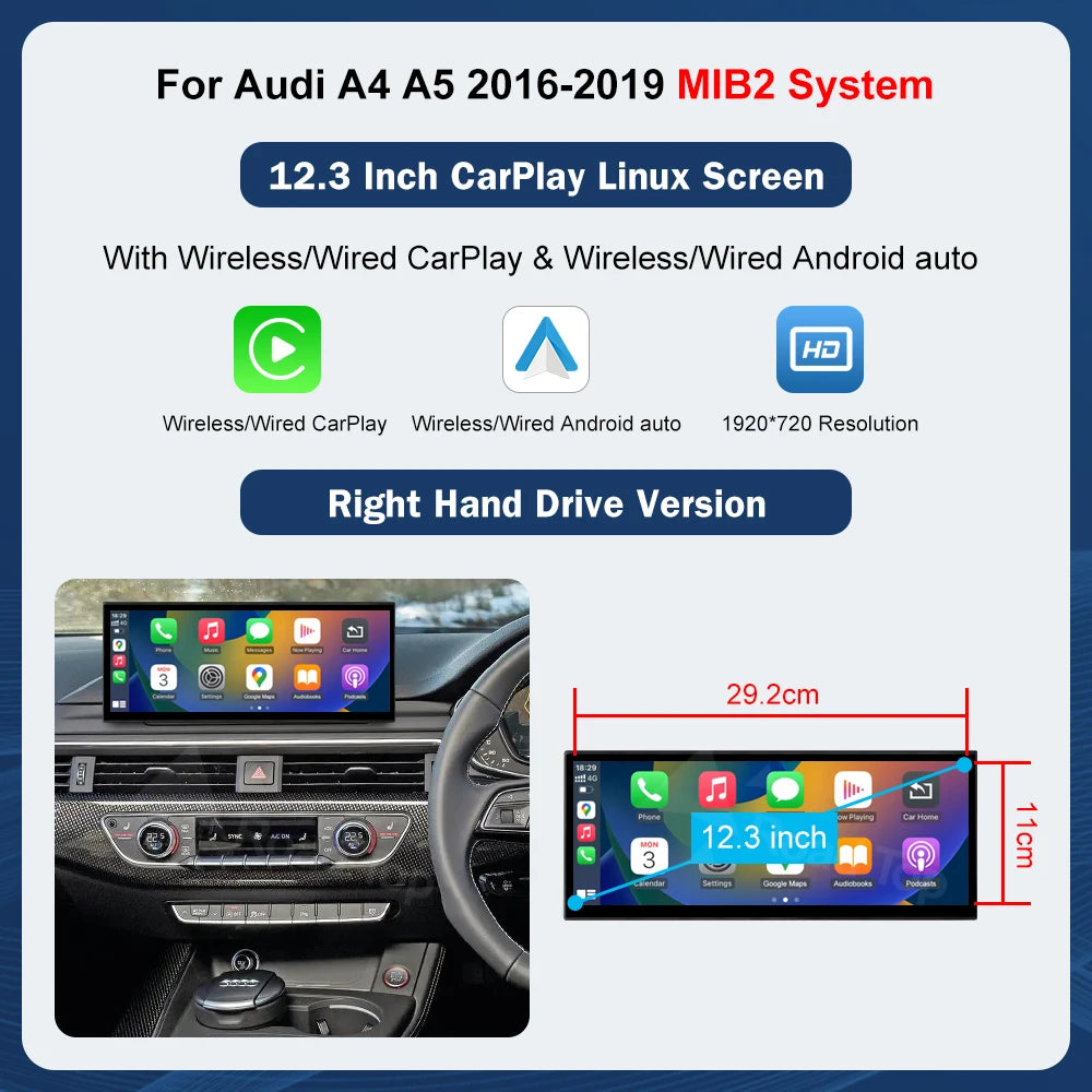 12.3inch Multimedia Display Touch Screen For Audi A4 S4 A5 S5 2014-2019 Airplay Miracast Function Wireless Carplay Android Auto