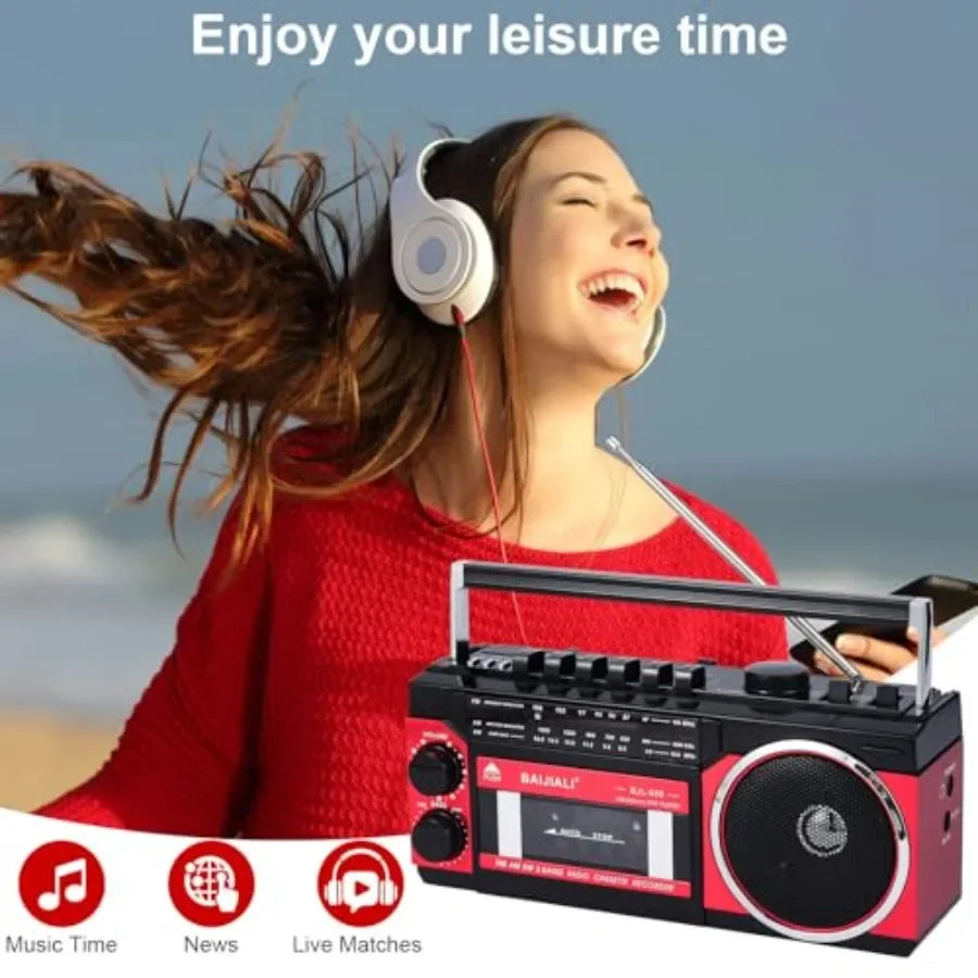 Portable Cassette Player with AM/FM/SW Radio and BT, Boombox for Home and Travel, Record from Radio, Play via SD/USB, Headphone
