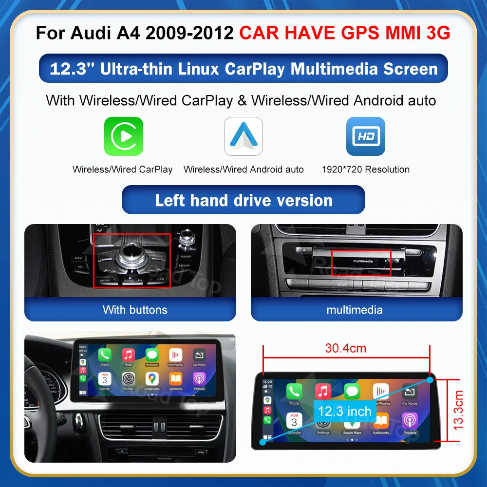 8.9 Inch 12.3'' Touch Display Multimedia Player Andriod Auto Link For Audi A4 S4 B8 2008-2016 GPS Carplay Screen Car Play