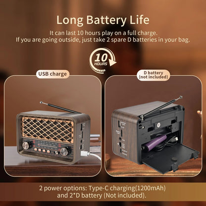 Portable Vintage Radio Classic Retro FM AM SW Full Band Radios Receiver Wireless Bluetooth Speaker Support LED Llight TF USB AUX