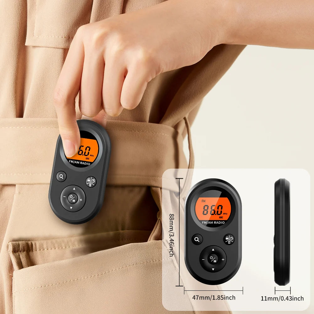 Compact AM/FM Pocket Radio - USB Rechargeable, Long Battery Life - Stereo Headphones, Backlit Display -Hiking, Walking & Jogging
