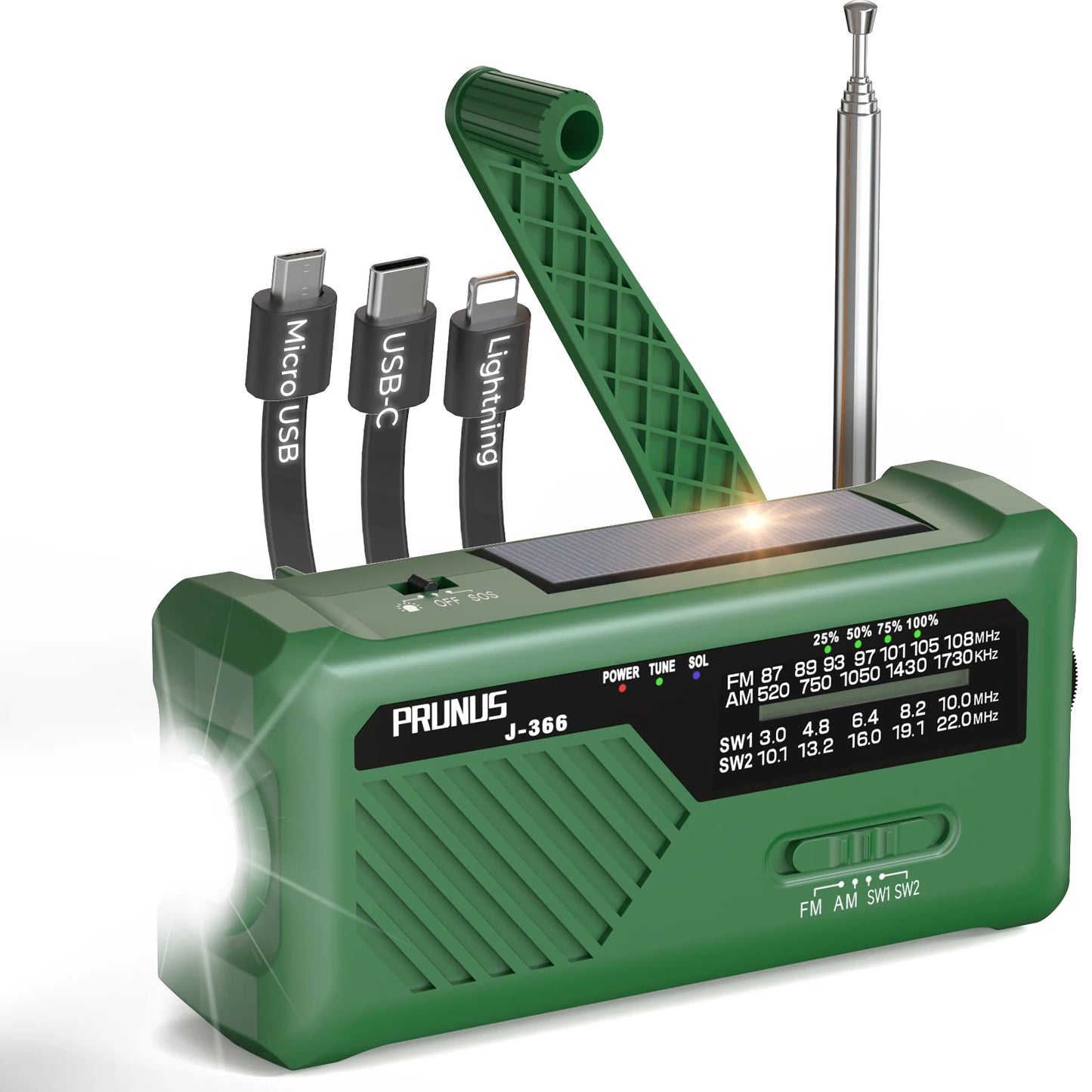 Emergency Radio AM/FM Portable Radio Solor Hand Crank USB AA Batteries Rechargeable Torch Reading Lamp SOS Alarm for Emergencies
