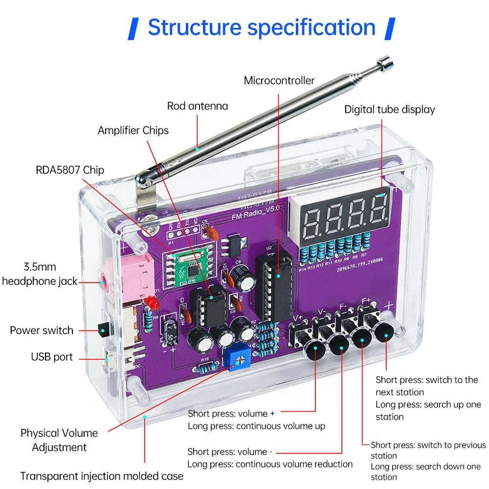 HU-017B Radio DIY Kit RDA5807S 87~108MHz FM Radio Electronic Teaching Experiment Soldering Practice Module